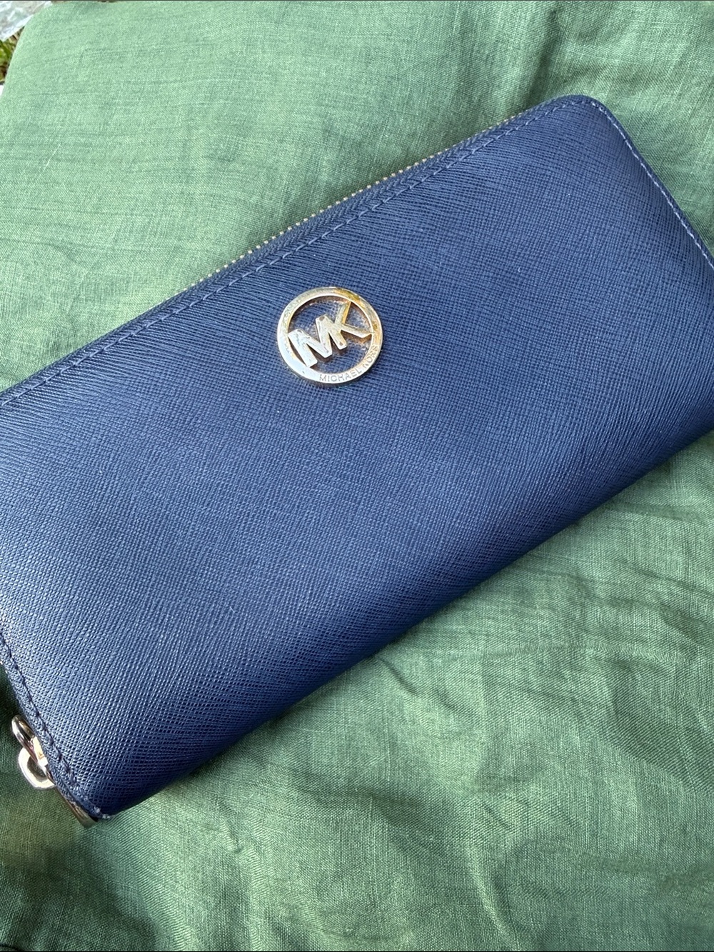 Michael Kors Navy Saffiano Zip Wallet with Gold MK Emblem